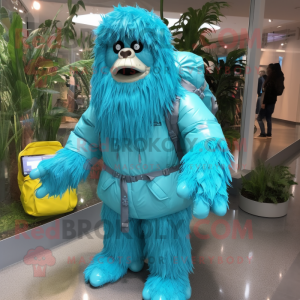 Cyan Sasquatch mascot costume character dressed with a Raincoat and Backpacks