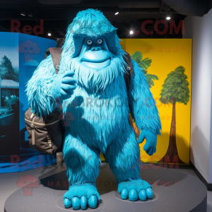 Cyan Sasquatch mascot costume character dressed with a Raincoat and Backpacks