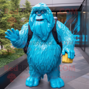 Cyan Sasquatch mascot costume character dressed with a Raincoat and Backpacks