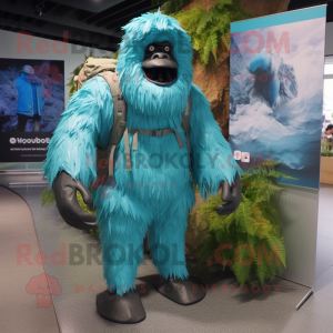 Cyan Sasquatch mascot costume character dressed with a Raincoat and Backpacks