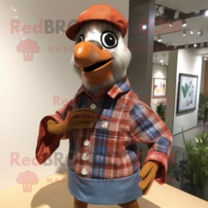 Rust Passenger Pigeon mascot costume character dressed with a Flannel Shirt and Hat pins