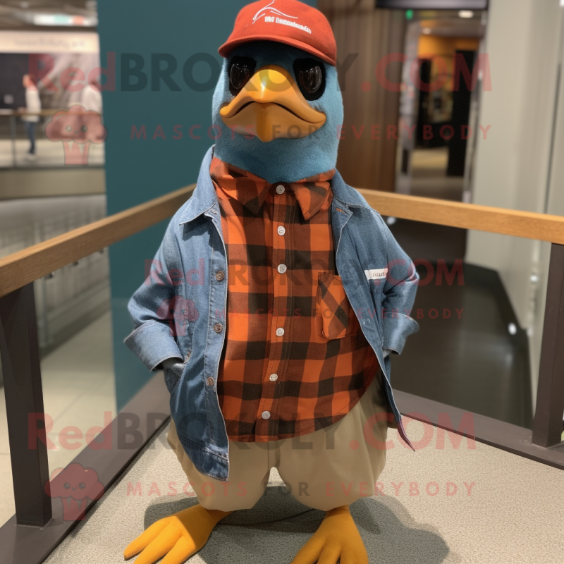 Rust Passenger Pigeon mascot costume character dressed with a Flannel Shirt and Hat pins Rust Passenger Pigeon mascot costume character dressed with a Flannel Shirt and Hat pins