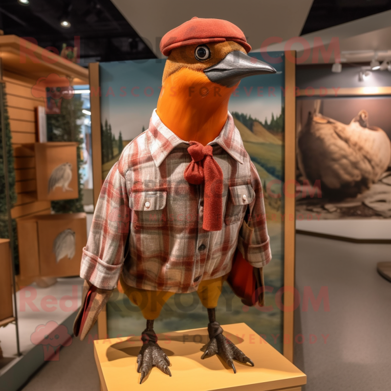 Rust Passenger Pigeon mascot costume character dressed with a Flannel Shirt and Hat pins