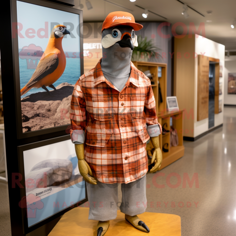 Rust Passenger Pigeon mascot costume character dressed with a Flannel Shirt and Hat pins