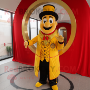 Gold Ring Master mascot costume character dressed with a Corduroy Pants and Rings