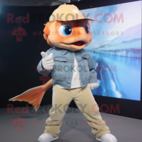 Beige Goldfish mascot costume character dressed with a Jeans and Digital watches