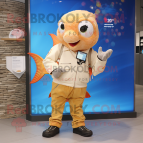 Beige Goldfish mascot costume character dressed with a Jeans and Digital watches