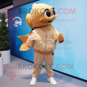 Beige Goldfish mascot costume character dressed with a Jeans and Digital watches