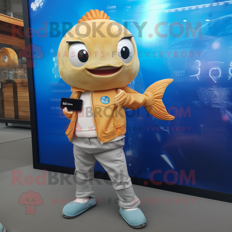 Beige Goldfish mascot costume character dressed with a Jeans and Digital watches