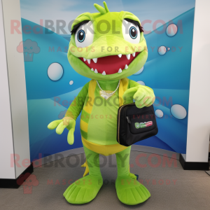 Lime Green Barracuda mascot costume character dressed with a Shorts and Wallets