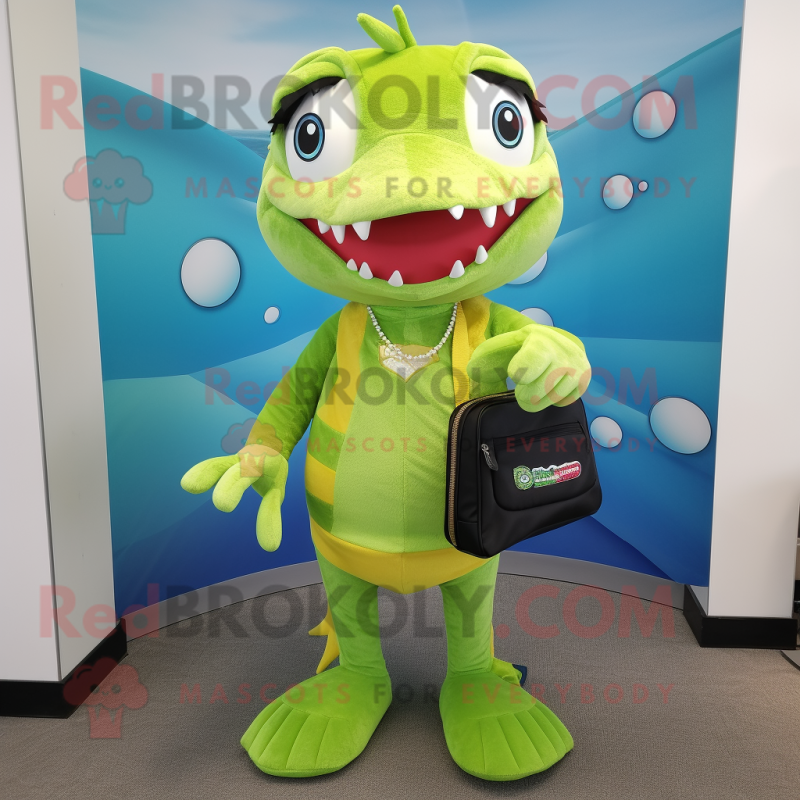 Lime Green Barracuda mascot costume character dressed with a Shorts and Wallets Lime Green Barracuda mascot costume character dressed with a Shorts and Wallets