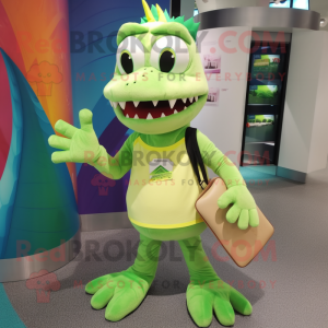 Lime Green Barracuda mascot costume character dressed with a Shorts and Wallets