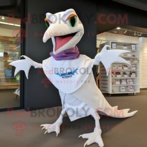 White Pterodactyl mascot costume character dressed with a Bermuda Shorts and Scarf clips