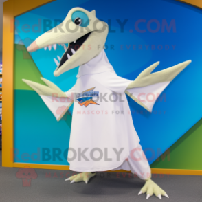 White Pterodactyl mascot costume character dressed with a Bermuda Shorts and Scarf clips