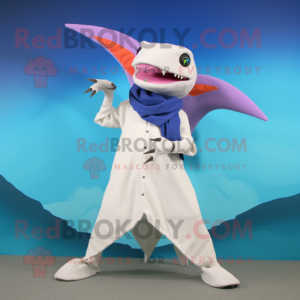 White Pterodactyl mascot costume character dressed with a Bermuda Shorts and Scarf clips