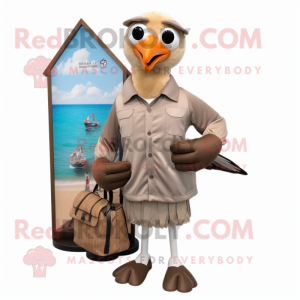 Brown Gull mascot costume character dressed with a Oxford Shirt and Hair clips