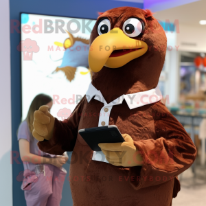 Brown Gull mascot costume character dressed with a Oxford Shirt and Hair clips