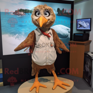 Brown Gull mascot costume character dressed with a Oxford Shirt and Hair clips