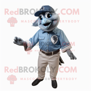 Silver Blue Jay mascot costume character dressed with a Button-Up Shirt and Belts