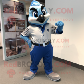 Silver Blue Jay mascot costume character dressed with a Button-Up Shirt and Belts