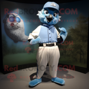 Silver Blue Jay mascot costume character dressed with a Button-Up Shirt and Belts