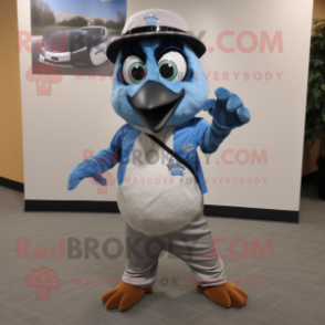 Silver Blue Jay mascot costume character dressed with a Button-Up Shirt and Belts