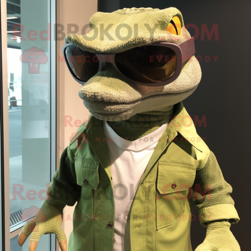 Forest Green Komodo Dragon mascot costume character dressed with a Corduroy Pants and Sunglasses