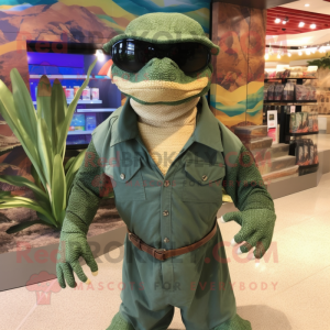 Forest Green Komodo Dragon mascot costume character dressed with a Corduroy Pants and Sunglasses