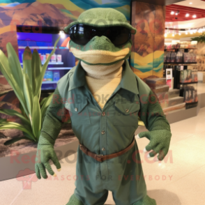 Forest Green Komodo Dragon mascot costume character dressed with a Corduroy Pants and Sunglasses