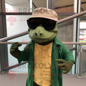 Forest Green Komodo Dragon mascot costume character dressed with a Corduroy Pants and Sunglasses