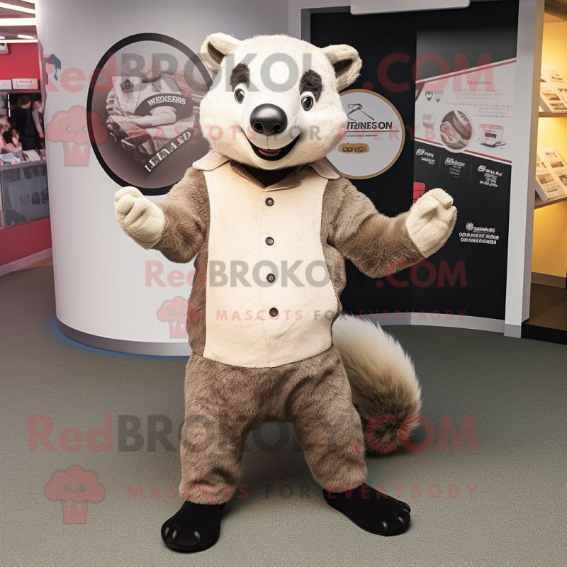 Beige Badger mascot costume character dressed with a Henley Shirt and Anklets