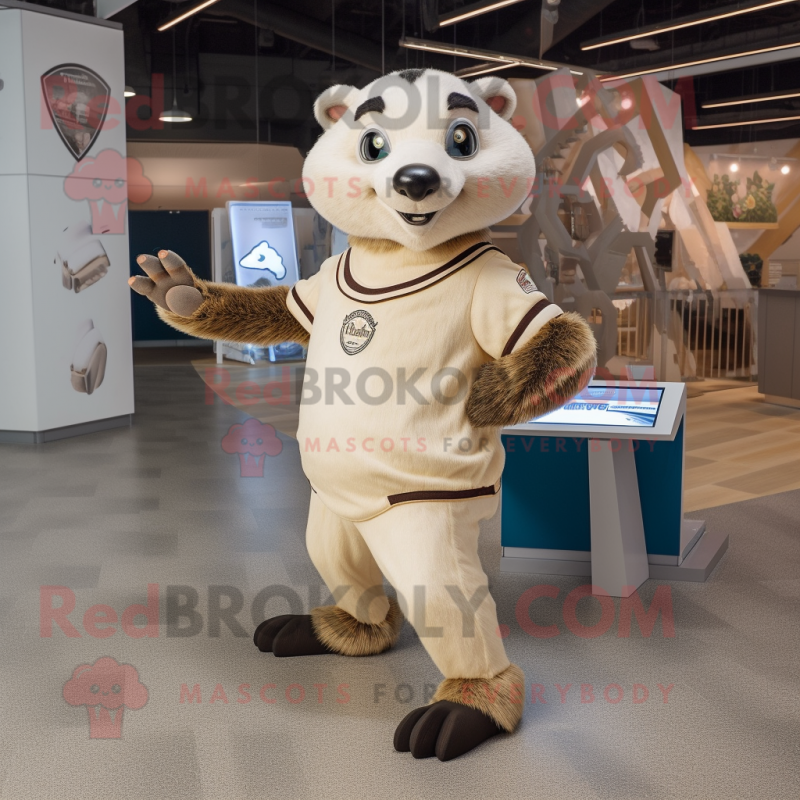 Beige Badger mascot costume character dressed with a Henley Shirt and Anklets