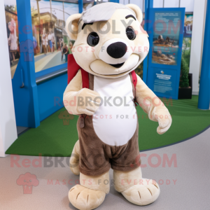 Beige Badger mascot costume character dressed with a Henley Shirt and Anklets