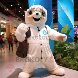 White Sloth mascot costume character dressed with a Raincoat and Messenger bags