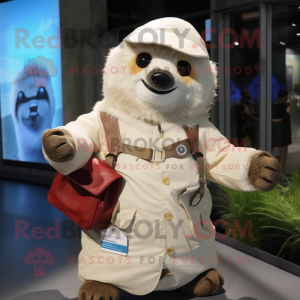 White Sloth mascot costume character dressed with a Raincoat and Messenger bags