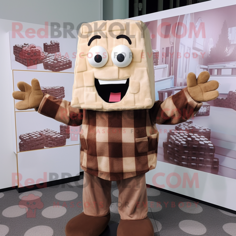 Beige Chocolate Bars mascot costume character dressed with a Flannel Shirt and Mittens