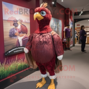 Maroon Pheasant mascot costume character dressed with a Mom Jeans and Shawl pins