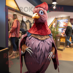Maroon Pheasant mascot costume character dressed with a Mom Jeans and Shawl pins