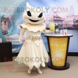 Cream Stingray mascot costume character dressed with a Cocktail Dress and Wraps