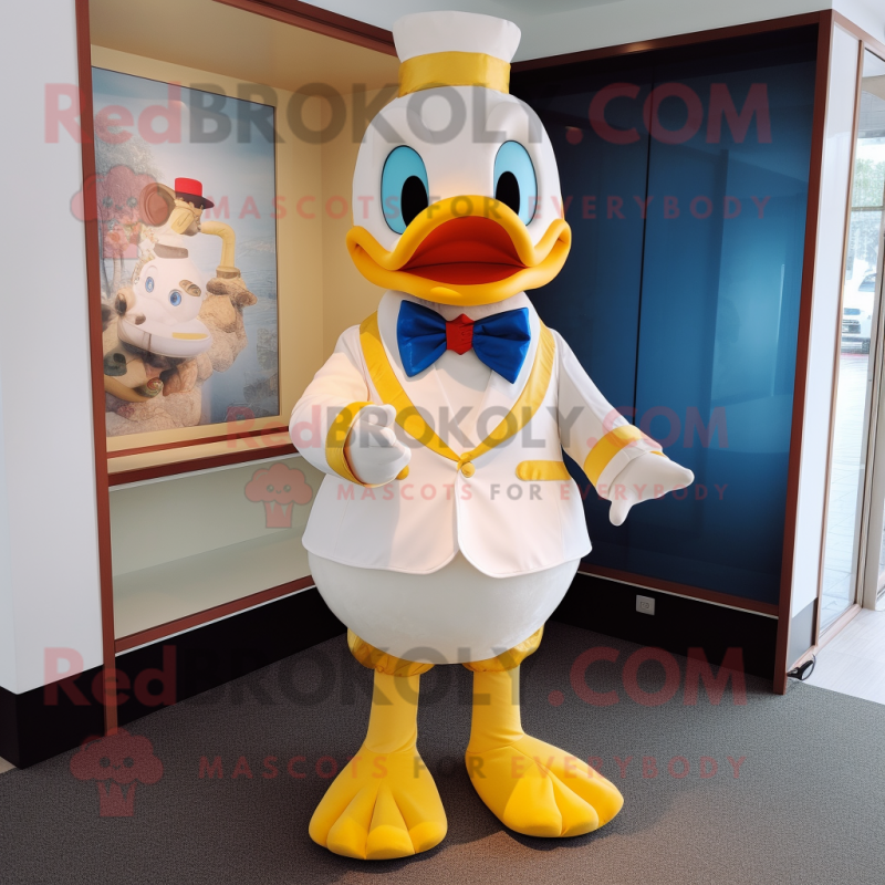 Cream Duck mascot costume character dressed with a Turtleneck and Bow ties