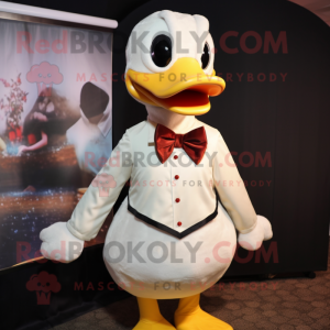 Cream Duck mascot costume character dressed with a Turtleneck and Bow ties