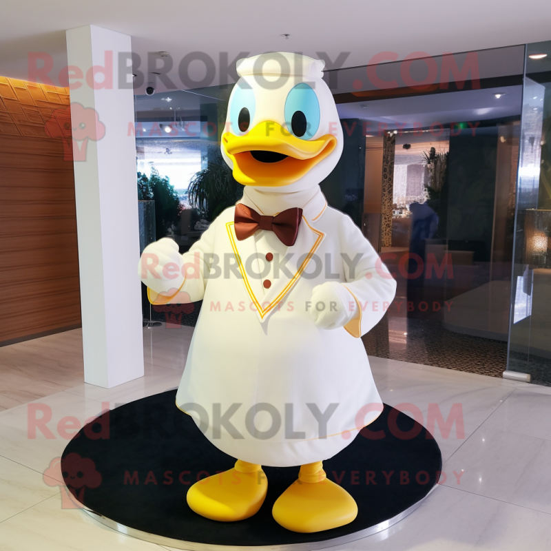 Cream Duck mascot costume character dressed with a Turtleneck and Bow ties Cream Duck mascot costume character dressed with a Turtleneck and Bow ties