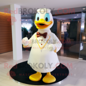 Cream Duck mascot costume character dressed with a Turtleneck and Bow ties