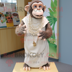 Cream Chimpanzee mascot costume character dressed with a Maxi Dress and Necklaces