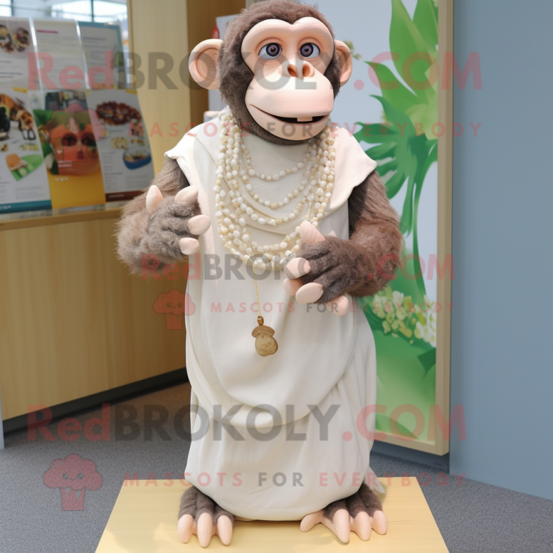 Cream Chimpanzee mascot costume character dressed with a Maxi Dress and Necklaces