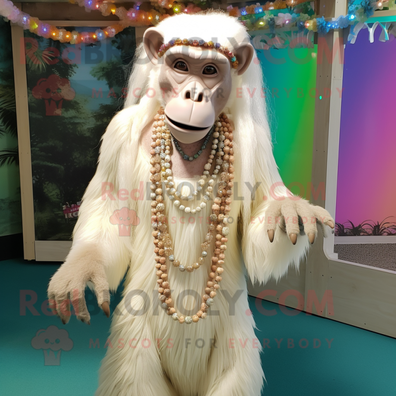 Cream Chimpanzee mascot costume character dressed with a Maxi Dress and Necklaces Cream Chimpanzee mascot costume character dressed with a Maxi Dress and Necklaces