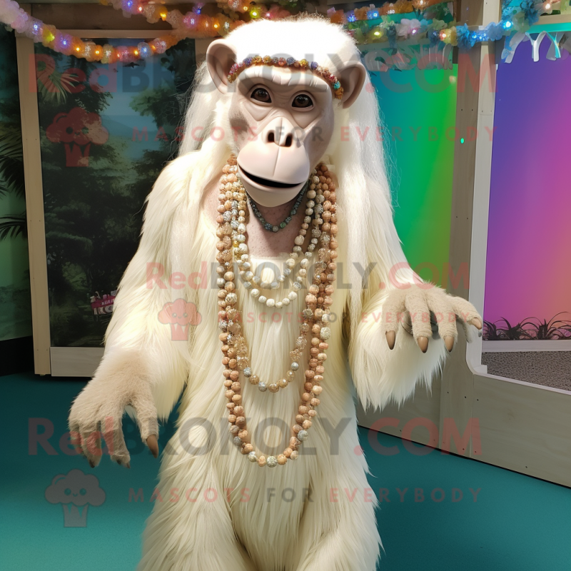 Cream Chimpanzee mascot costume character dressed with a Maxi Dress and Necklaces