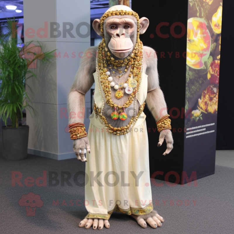 Cream Chimpanzee mascot costume character dressed with a Maxi Dress and Necklaces Cream Chimpanzee mascot costume character dressed with a Maxi Dress and Necklaces