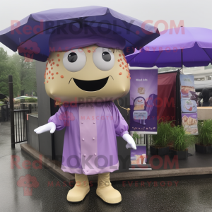 Lavender Burgers mascot costume character dressed with a Raincoat and Earrings
