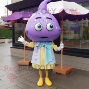 Lavender Burgers mascot costume character dressed with a Raincoat and Earrings